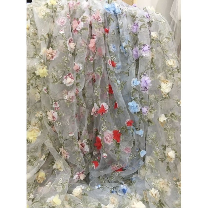 kain organza bunga 3d motif baru