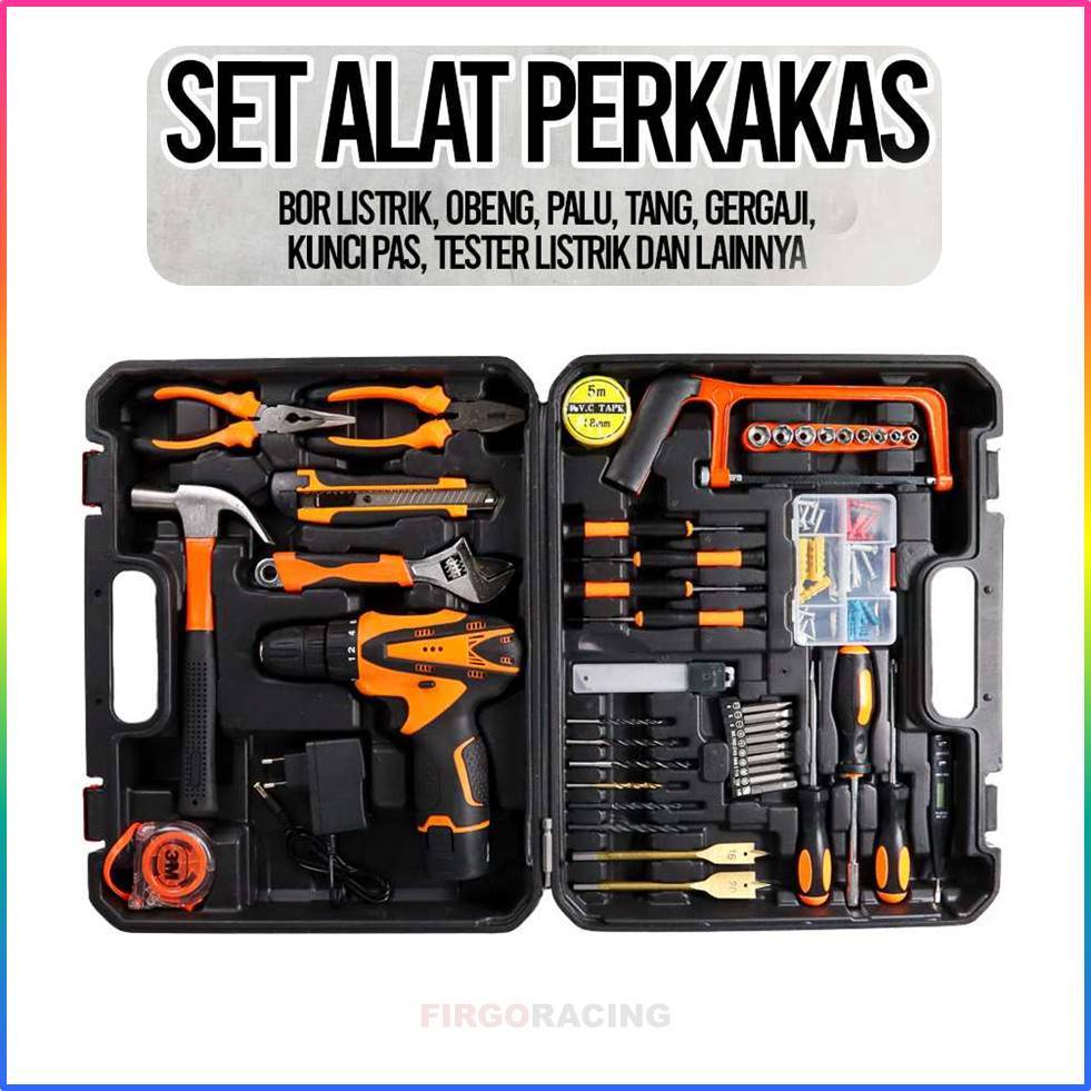 Satu Set Lengkap Alat Perkakas Bor Listrik Cordless Palu Tang Obeng 57 in 1 - JG-076