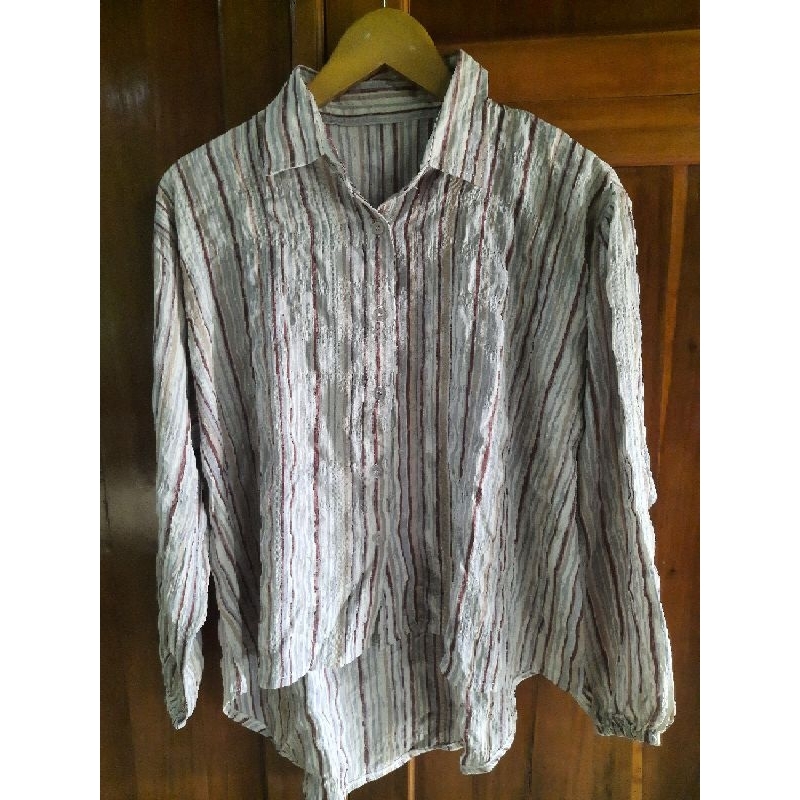 blouse kemeja salur oversize lengan balon