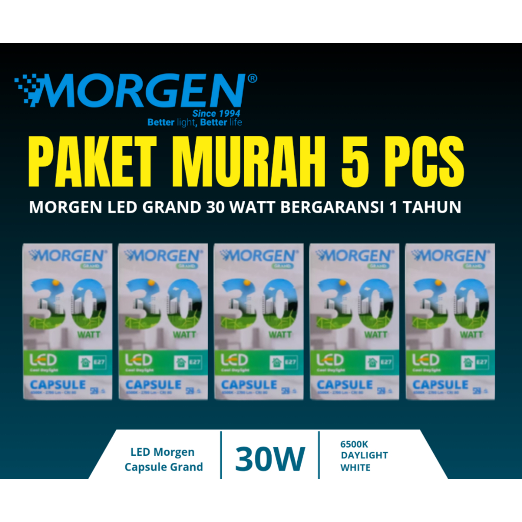 Lampu Led Morgen 30Watt Cahaya Putih 6500k Isi 5pcs