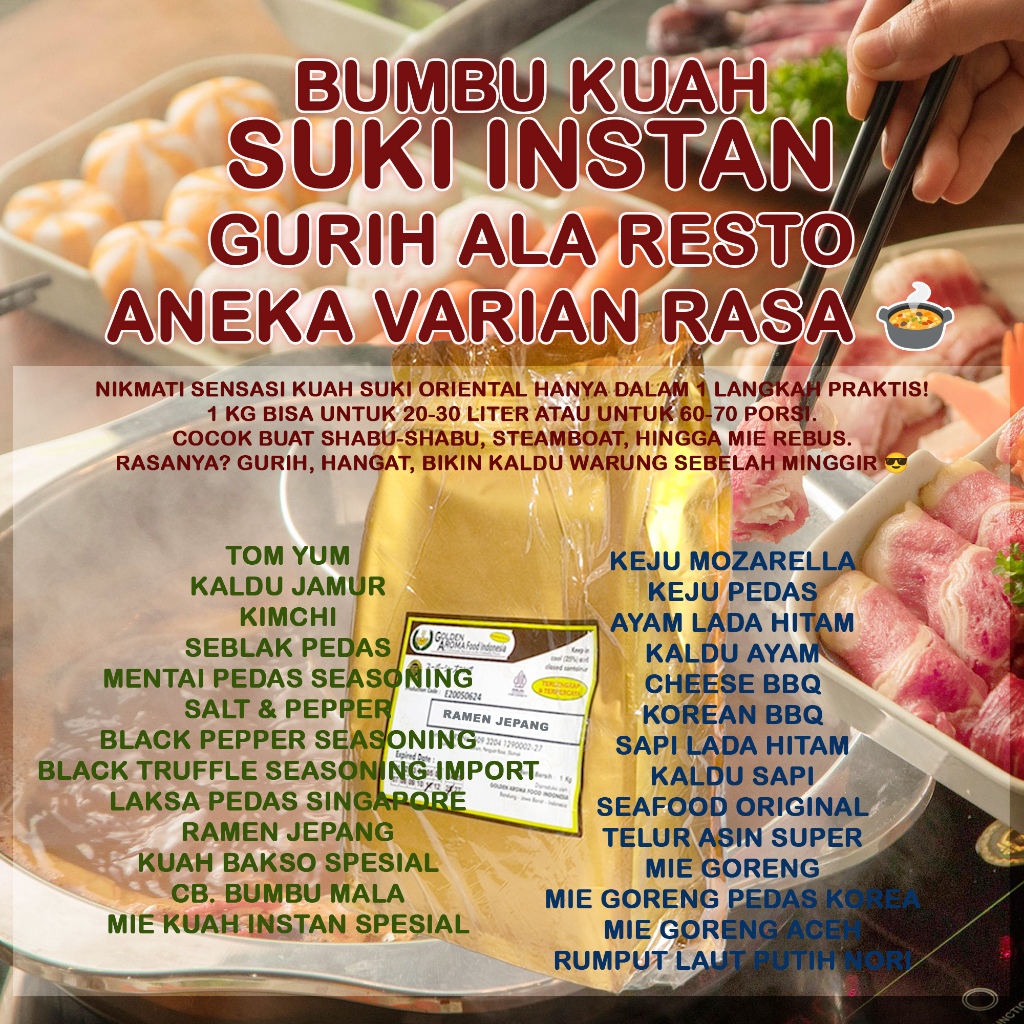 

Bumbu Suki (Aneka Varian) 1 Kg - Bumbu dasar untuk kuah rebusan (hotpot/shabu-shabu) 100% Halal. Kemasan Alumunium Ziplock