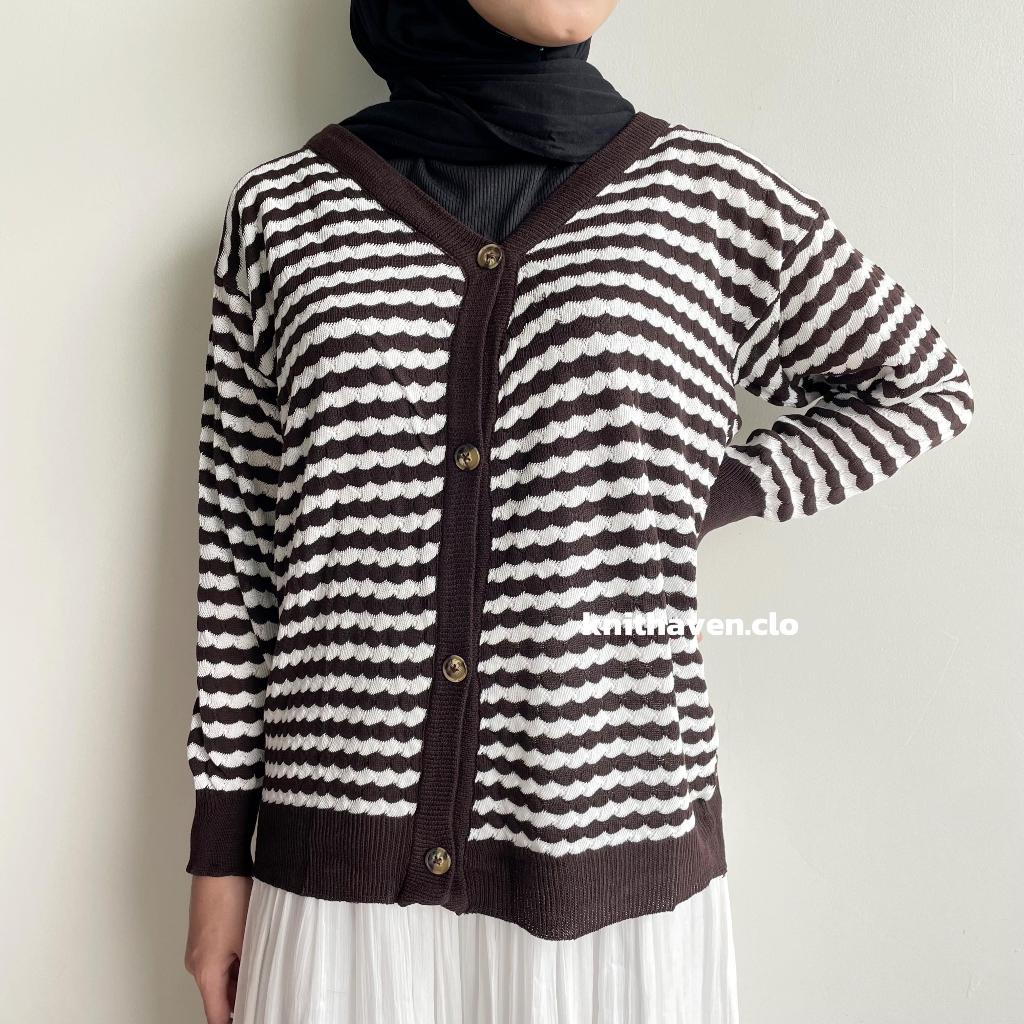 Cardigan Rajut Motif Nanas Hitam Putih Wanita Lengan Panjang Kekinian - Outer Rajut Korea Style
