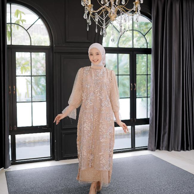 Delova Wardrobe - GAMIS KALUNA Brukat Bordir Modern Lace Embroidery Brocade Brukat Garden Lebaran Idul Fitri Gamis Muslim Wanita Tulle Gamis Kondangan Korean look Rok Tutu  Rok Tile Terbaru Queenbee Fashion Terbaru Termurah