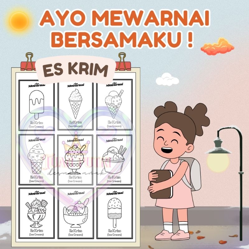 

02 Es Krim - Kertas Mewarnai Anak Isi 10 Lembar Ukuran A5 HVS Tebal 80 Gram Ada 2 Bahasa Indonesia Inggris Untuk Usia PAUD TK SD 1-9 Tahun