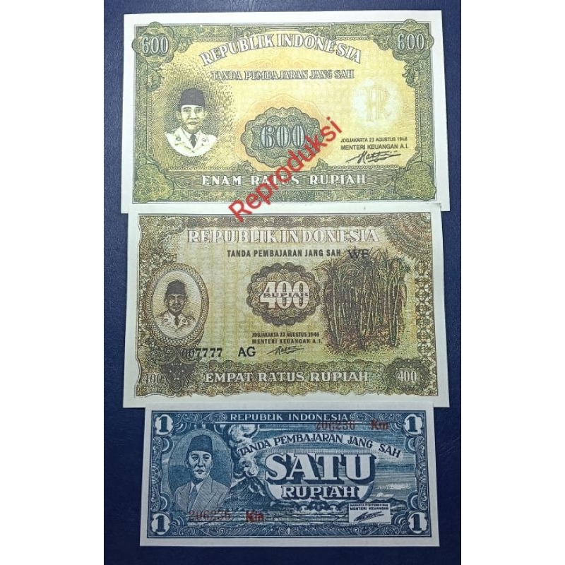 Uang Lawas Indonesia Repro Seri Presiden Soekarno 3 lembar THN 1947-1948