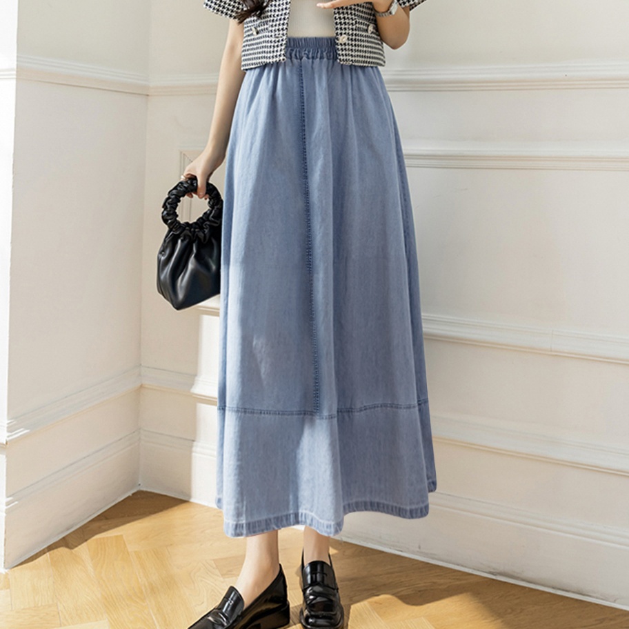 Trend  Denim Skirt Rok Wanita Summer Retro Loose Splicing MidLength Elastic waist Casual Umbrella Sk