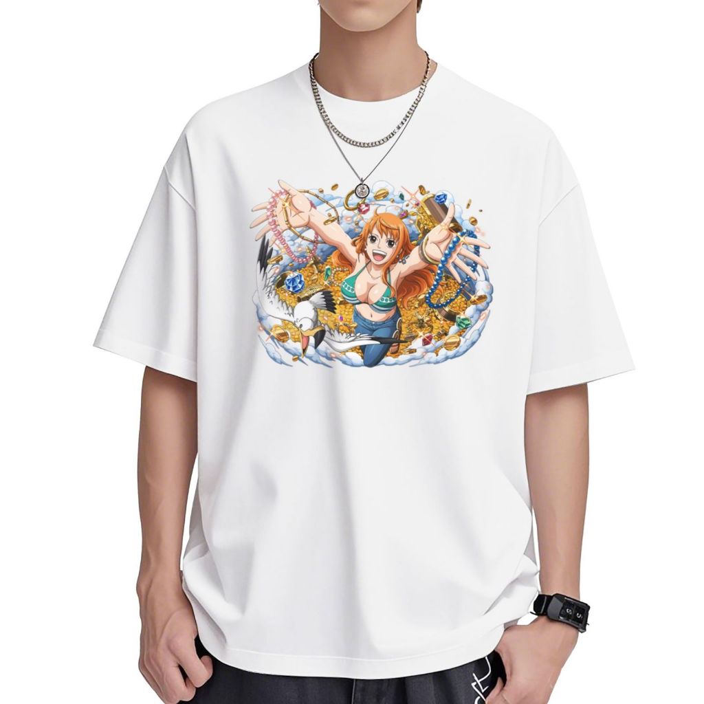 Humcustom  ONE PIECE Kaos Fashion Unisex Pria Wanita Handmade Cotton T - Shirt Putih NamiTreasureJoy