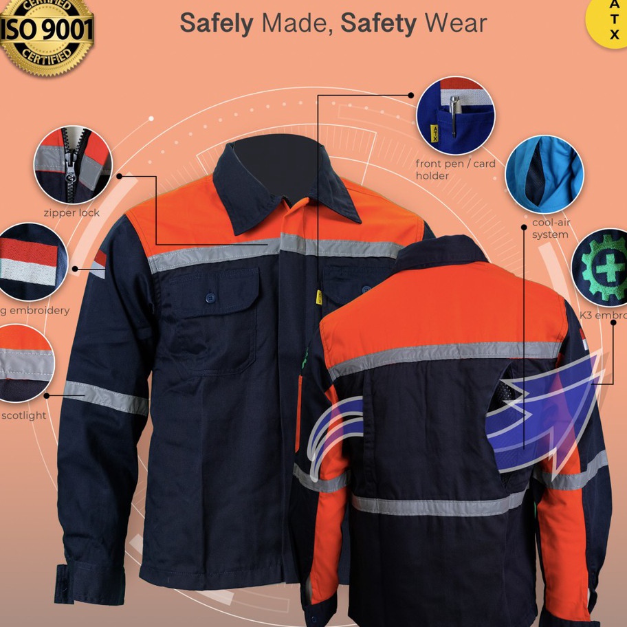 Wearpack Atasan Kemeja Safety Baju Safety Oren Kombinasi Navy ATX