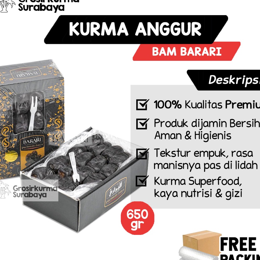 

BISA COD KURMA BAM BARARI 65gr Kemasan Dus Cantik Premium Mazafati Khas Iran Madina Black Diamond Samira