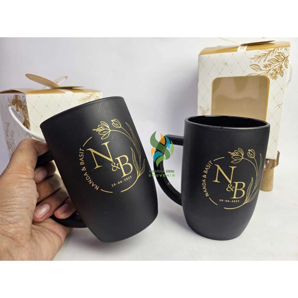 Souvenir Cangkir CG Jumbo Gelas Jus Gagang Kaca Tumbler Jus Mug Doff Hitam Sablon Kemas Box