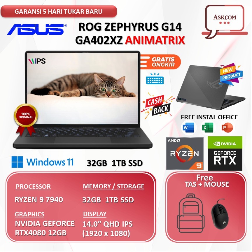Asus Rog ZEPHYRUS G14 GA402XZ ANIMATRIX RYZEN 9 7940 RTX4080 12GB/ 32GB 1TB W11 14.0QHD IPS