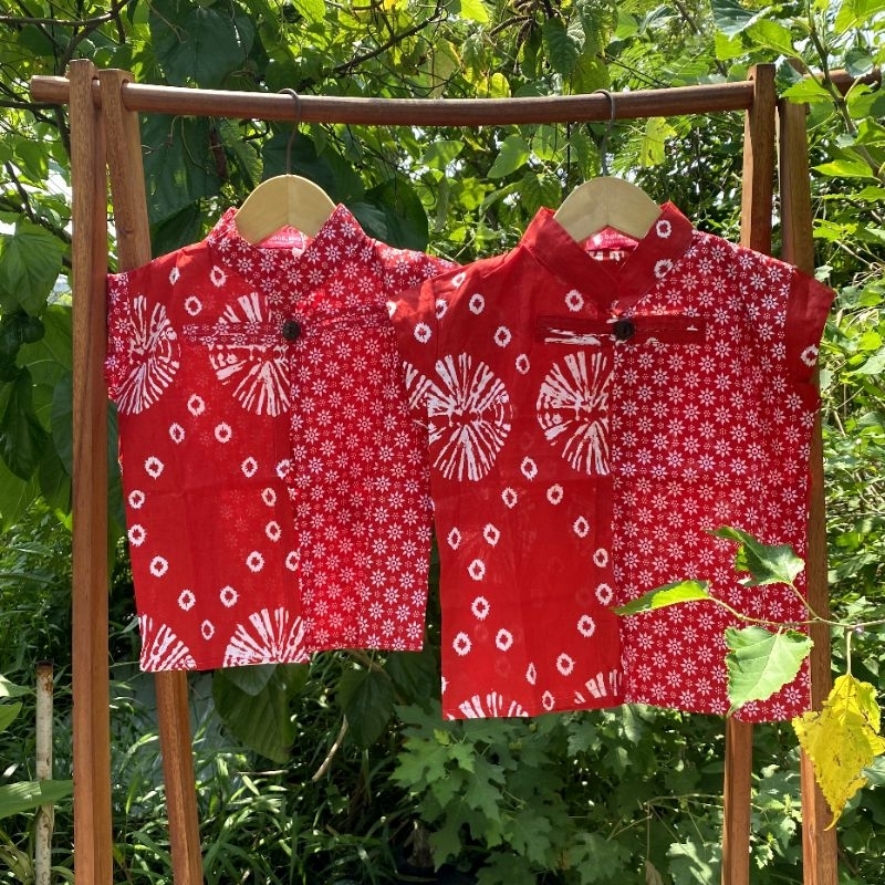 Banara Outer Batik Anak Merah Teruntum Jumputan Bahan Katun Nyaman Dipakai Anak Anak