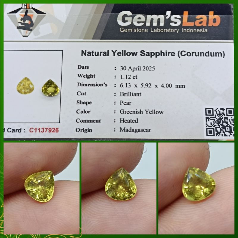 Natural Yellow sapphire Madagaskar 1,12ct Heat Only memo GLI Safir Afrika Luster Istimewa