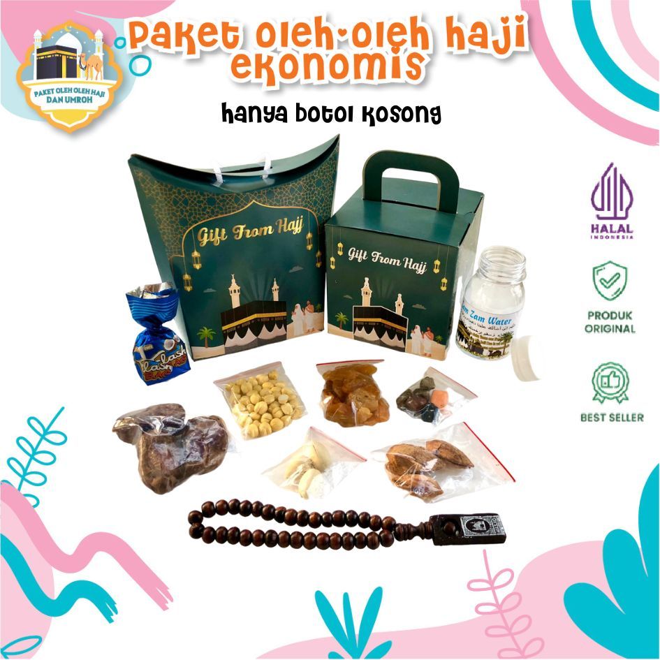 

Paket Oleh-Oleh Haji dan Umroh Hanya Botol Kosong Tanpa Zam-Zam Grosir Ekonomis Lengkap Hampers Dus Teng Teng Tali Jinjing Murah