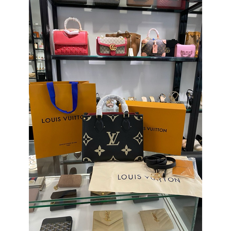 tas wanita onthego on the go black bicolor 25cm leather super mirror quality