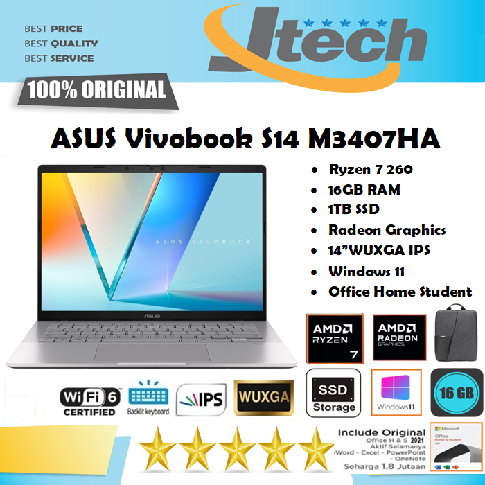 ASUS Vivobook S14 M3407HA Ryzen 7 260 16GB 1TB SSD 14"WUXGA IPS Win11 OHS