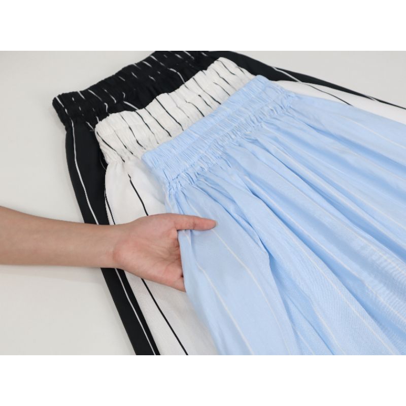Rok Salur Skirt Flare Panjang Maxi Wanita Katun Motif Salur / Rok A-Line Garis-Garis Pinggang Karet 