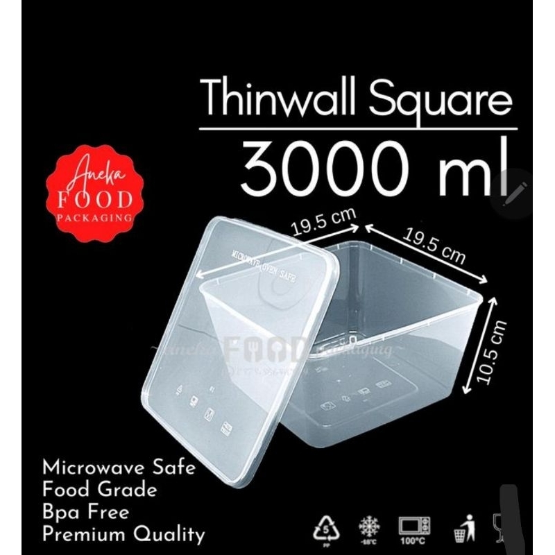 (25pax) Thinwall Kotak Makan Plastik ukuran 3000 ml Wadah Tahan Panas
