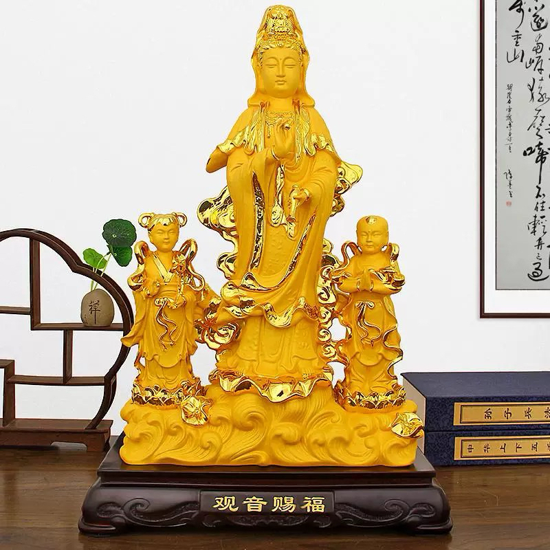 Patung GuanYin Kwan Im 3 Anak Emas Dekorasi Altar Ibadah / Patung Dewi Kwan Im Emas Pajangan Rumah P