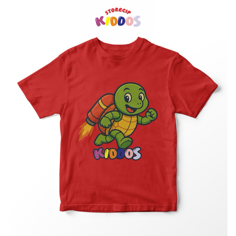 kaos anak merah pekat dan gambar kura terbang