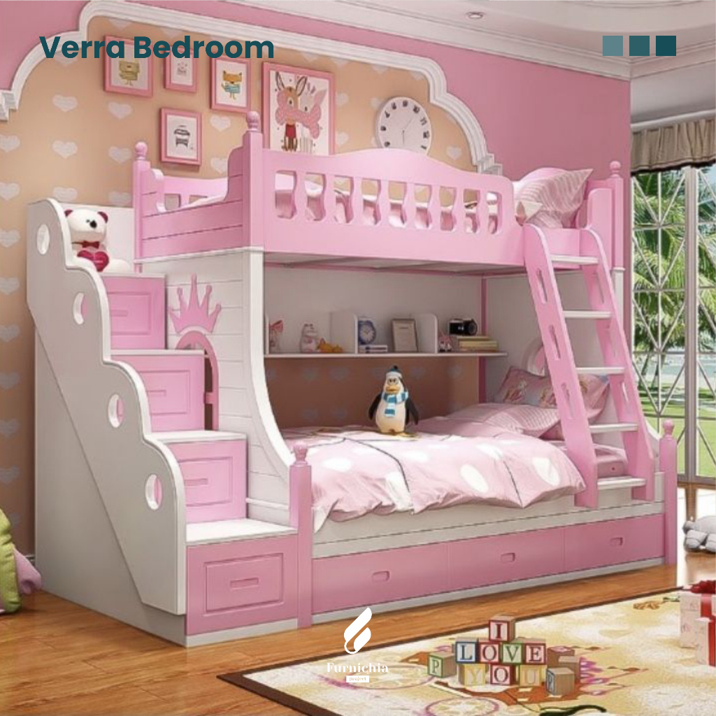 Ranjang susun 2 bed warna pink, Ranjang anak tingkat, Kamar tidur tingkat anak cewek, Ranjang tingka