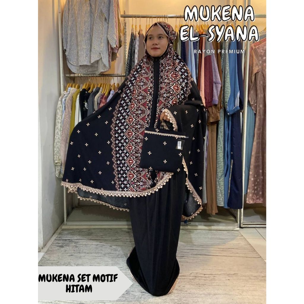 MUKENA SETELAN MOTIF HITAM / MUKENA RAYON EL SYANA / MUKENA ELSYANA / MUKENA RAYON MOTIF HITAM