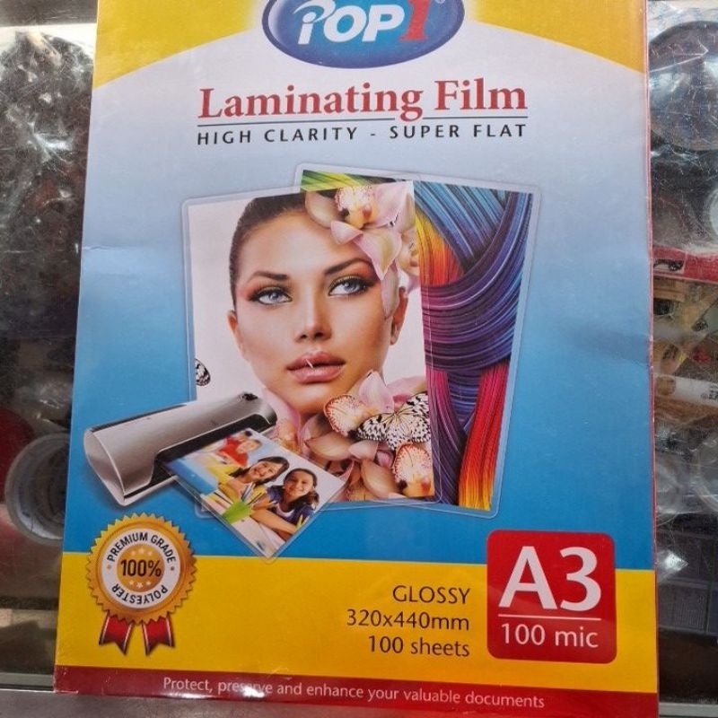 

plastik laminating / laminating film A3 pop1 high clarity-super flat( glossy 320x440mm) A3 100mic 1 pak isi 100 lembar