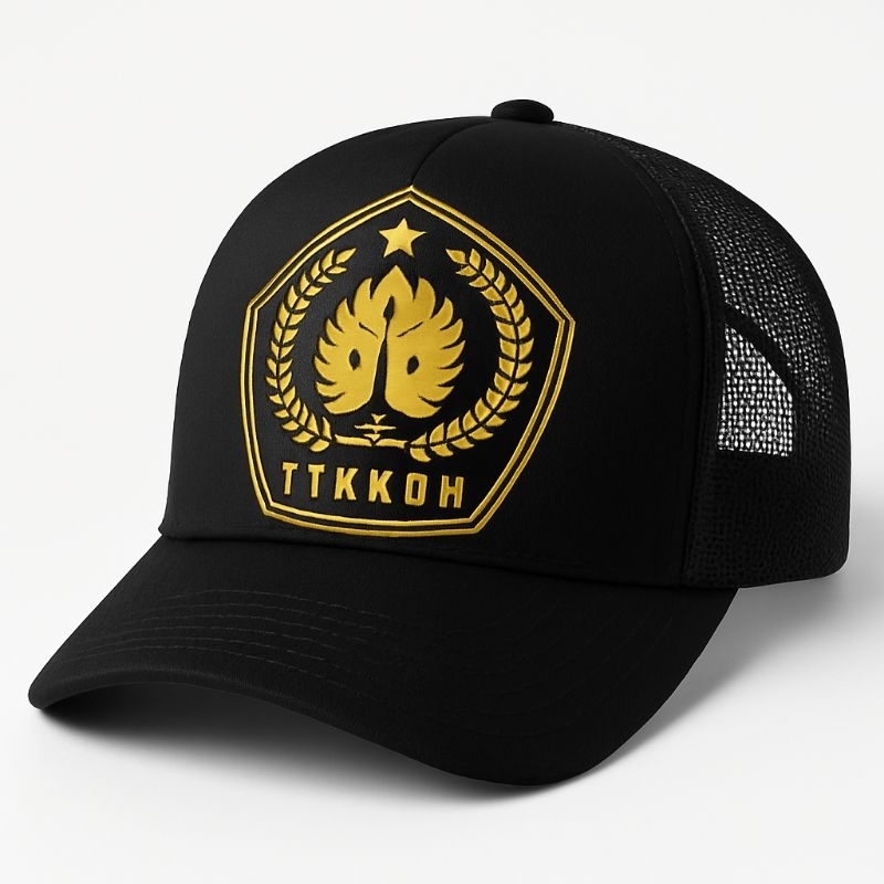 Topi Trucker Sablon DTF  Logo Emas TTKKDH – Simbol Gagah dan Bergaya"  UNISEX PRIA & WANITA