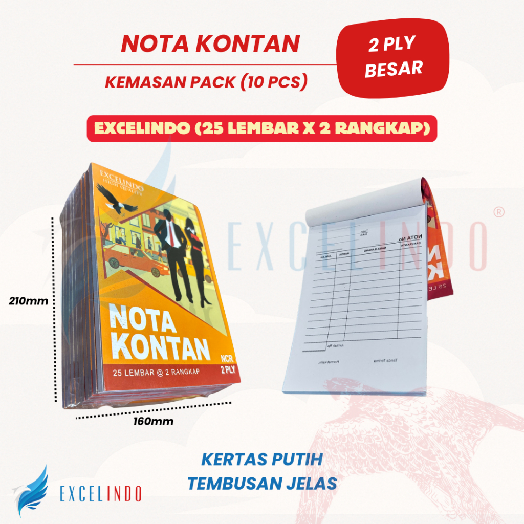 

(1 PACK/10 BUKU) Excelindo Nota Kontan 2 ply NCR UKURAN BESAR (160mm*210mm)