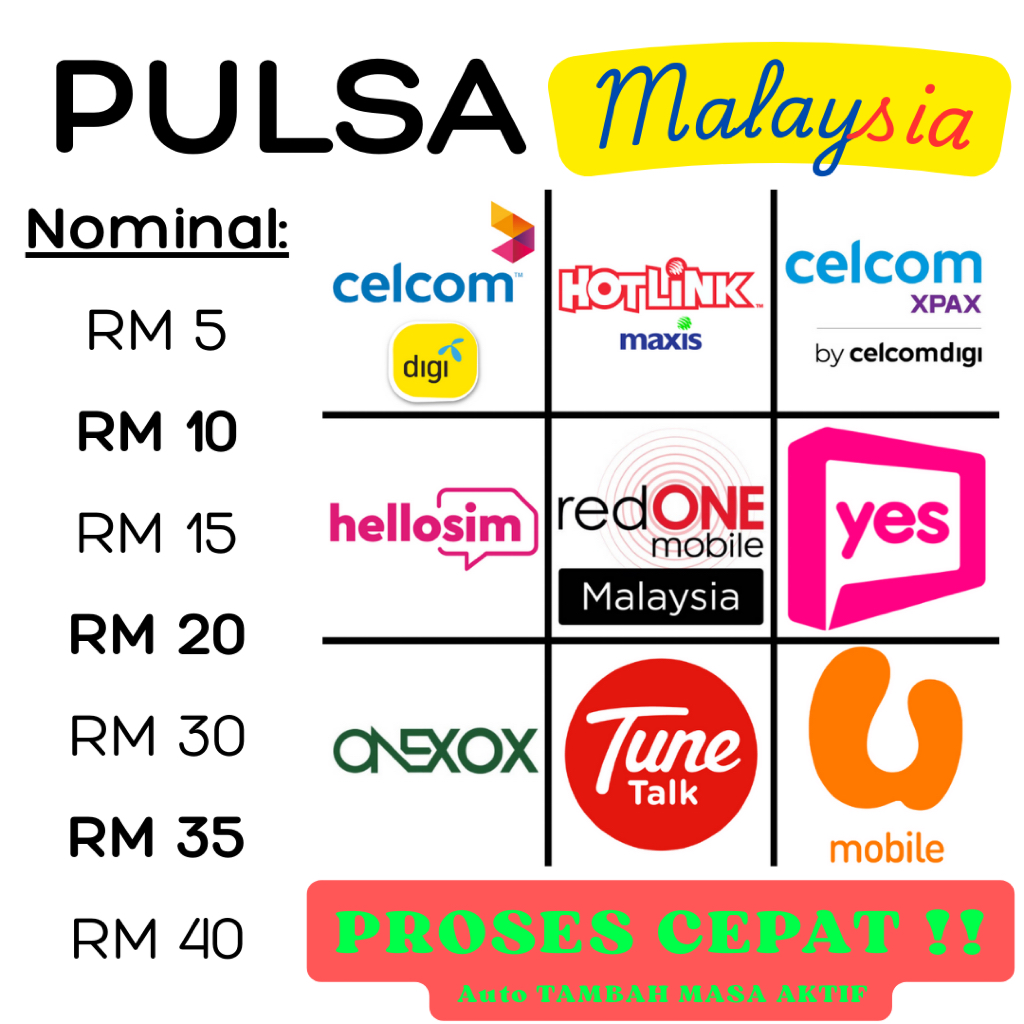 PROMO Isi Reload Top Up Pulsa Malaysia RM5-30 | Maxis Hotlink Celcom Digi Xpax UMobile TuneTalk YES 