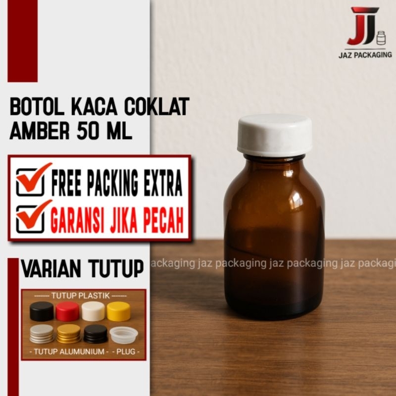 Botol Kaca Coklat Amber 50ml Tutup Plastik Ulir / botol amber 50ml / botol kaca coklat 50ml / botol 