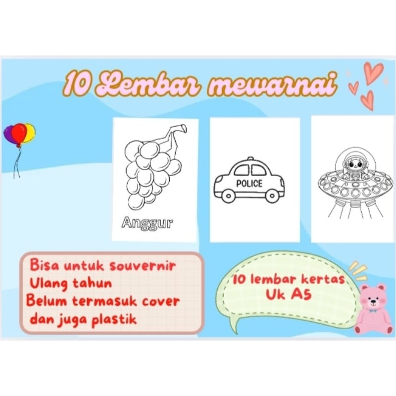 

10 Lembar Kertas Mewarnai anak,1 paket ini bisa untuk souvernir ulang tahun