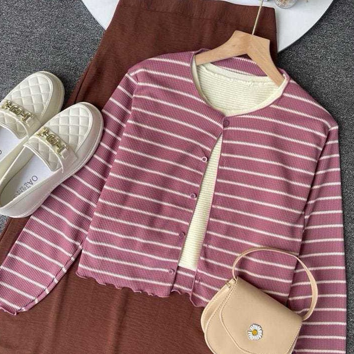 Waffle Cardigan Knit Salur  Fashion Cardigan  Atasan Cardigan Kekinian  Cardigan Waffle Salur