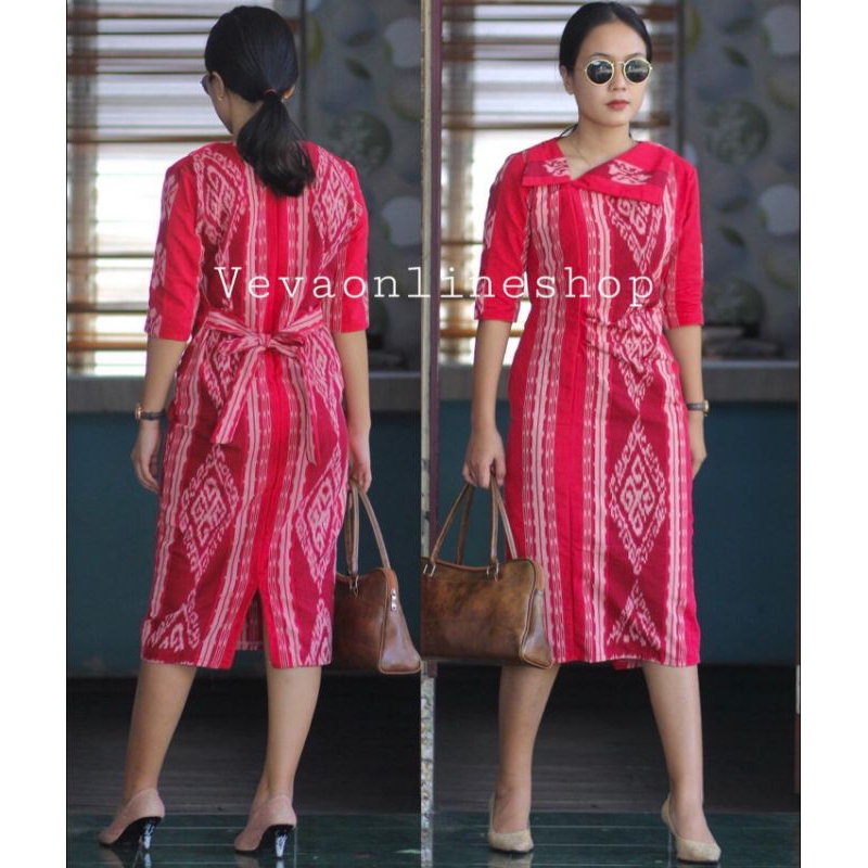 dress tenun wanita lengan panjang -  tunik tenun wanita lengan panjang