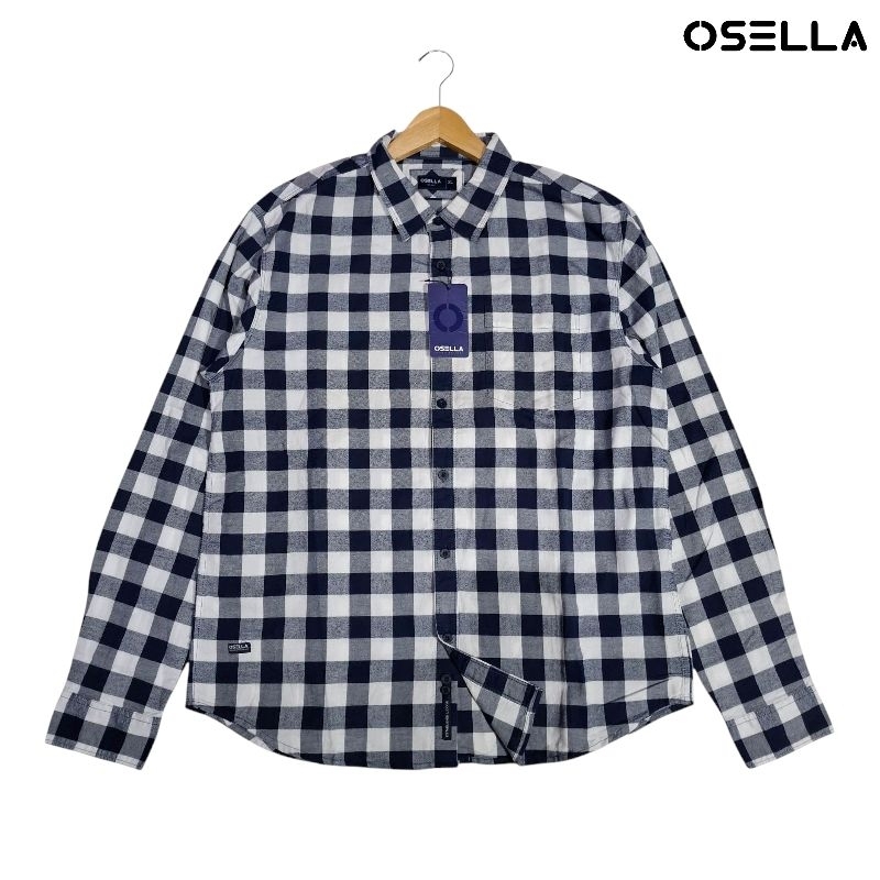OSELLA Kemeja Kasual Pria Lengan Panjang Putih/Biru Tua