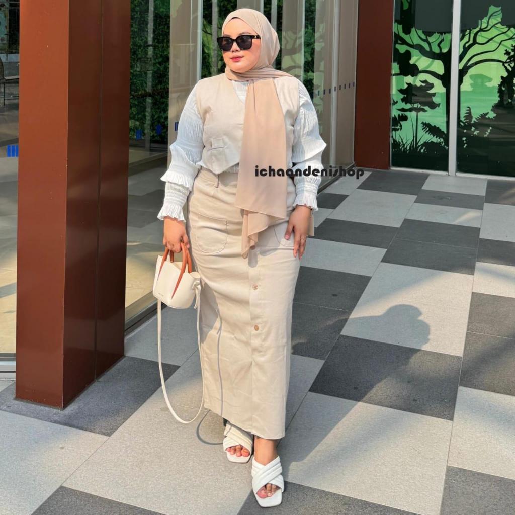 ICH - FREE BELT One Set Nadiva Vest Dan Long Skirt Button Setelan Jumbo Wanita Katun Twill Free Belt