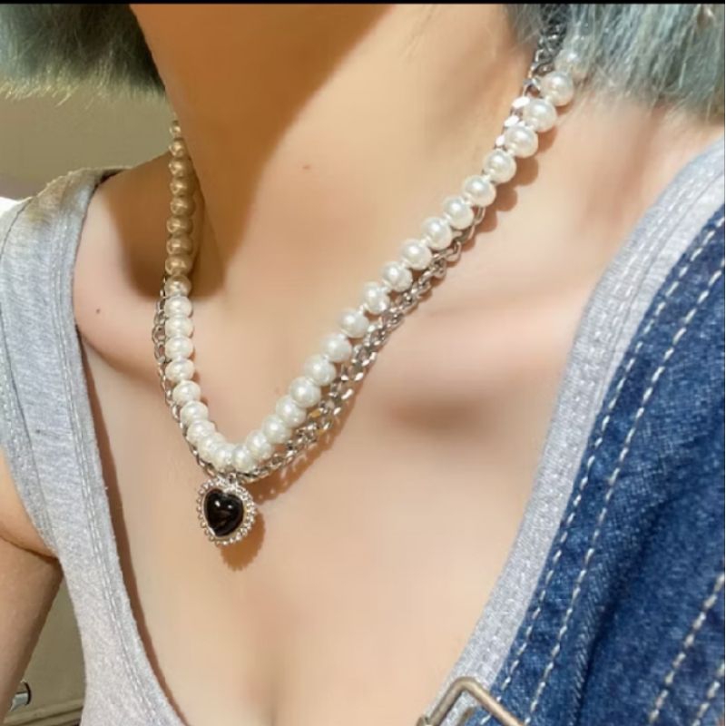 kalung Liontin mutiara Hati HITAM