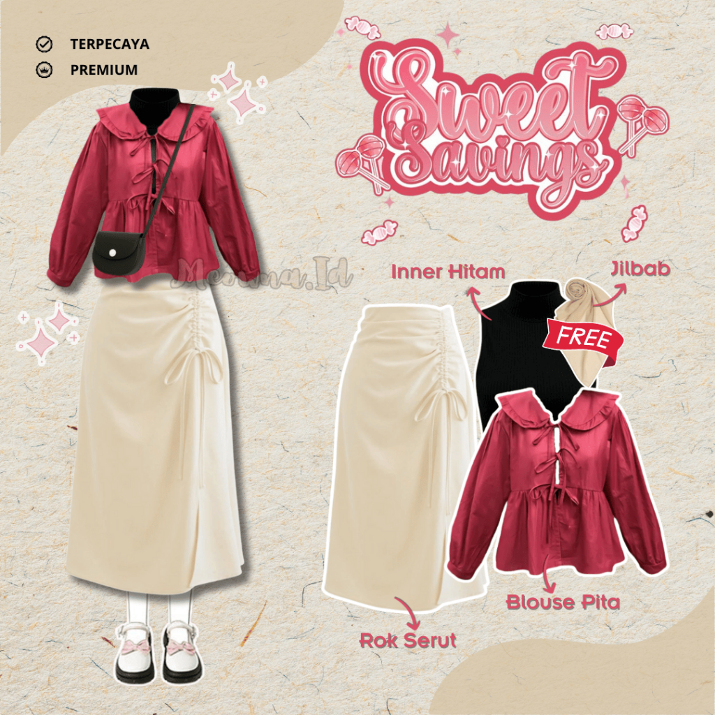 Outfit Hijab Manis Blouse Pita + Rok Serut | Set Wanita Kekinian Set Wanita Kekinian | MW-006