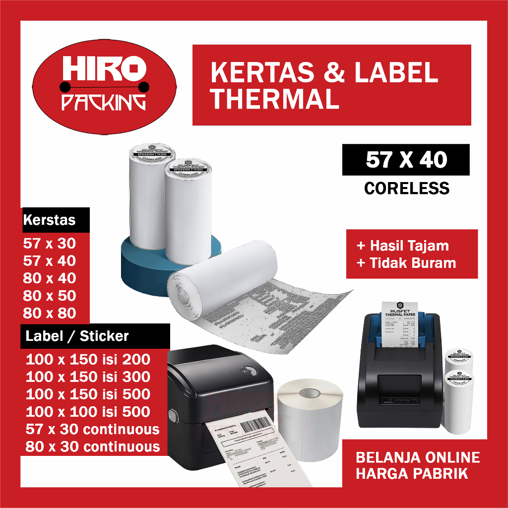 

Kertas Struk Kasir Thermal 57x40 Coreless 57x30 80x40 80x50 80x80 Core Sticker Resi Barcode Pengiriman Produk Roll
