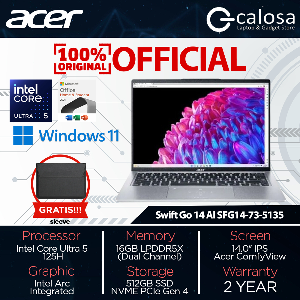Acer Swift Go 14 AI SFG14-73-5135 Ultra 5 125H RAM 16GB 512GB W11 OHS2021 Laptop Bergaransi Resmi