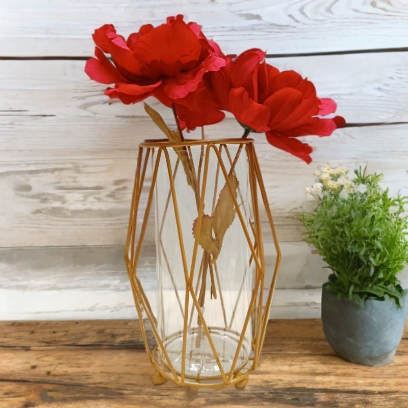Vas Meja Belah Ketupat Gold Vas Besar Hidroponik Hiasan Meja Vas Rangkaian Bunga Ornamen Mewah