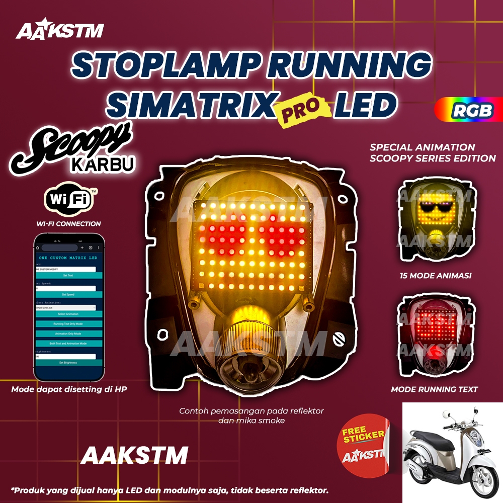 Stoplamp Running Text Animasi Scoopy Karbu Simatrix Pro RGB Lampu LED Rem Modifikasi Motor
