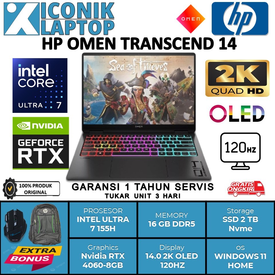 HP Omen Transcend 14 INTEL ULTRA 7 155H RTX4060 16GB  RAM 2TB  SSD 14" 2.8K Display OLED 120HZ