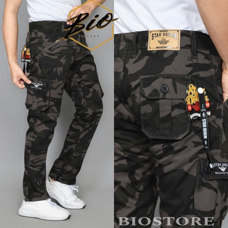 CELANA CARGO PANJANG PRIA CARGO PANJANG SLIM FIT LORENG CARGO LORENG PUTIH