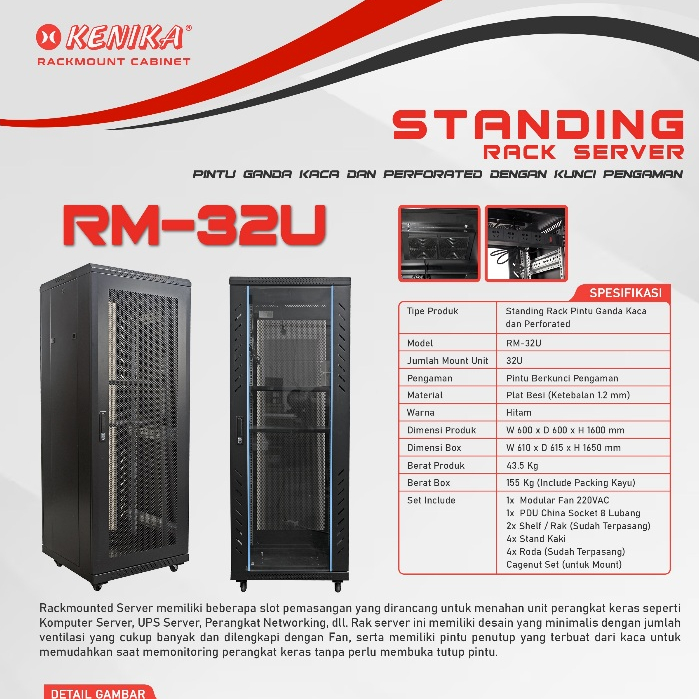 KENIKA STANDING RACK SERVER 32U Close Wallmount Rak Kabinet RM-32U 600*600*1600mm ( Include Packing 