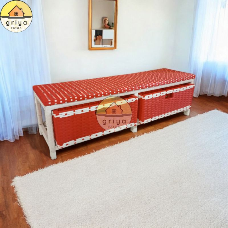 Lemari Plastik Rotan Sintetis 2 Laci Meja Tv Rotan Rak Buku Serbaguna Minimalis