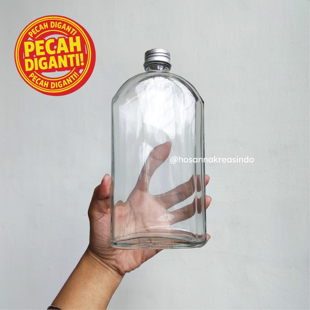 ‼️ PECAH DIGANTI ‼️ Botol Kaca Gepeng 500ml Tutup Aluminium - GP02