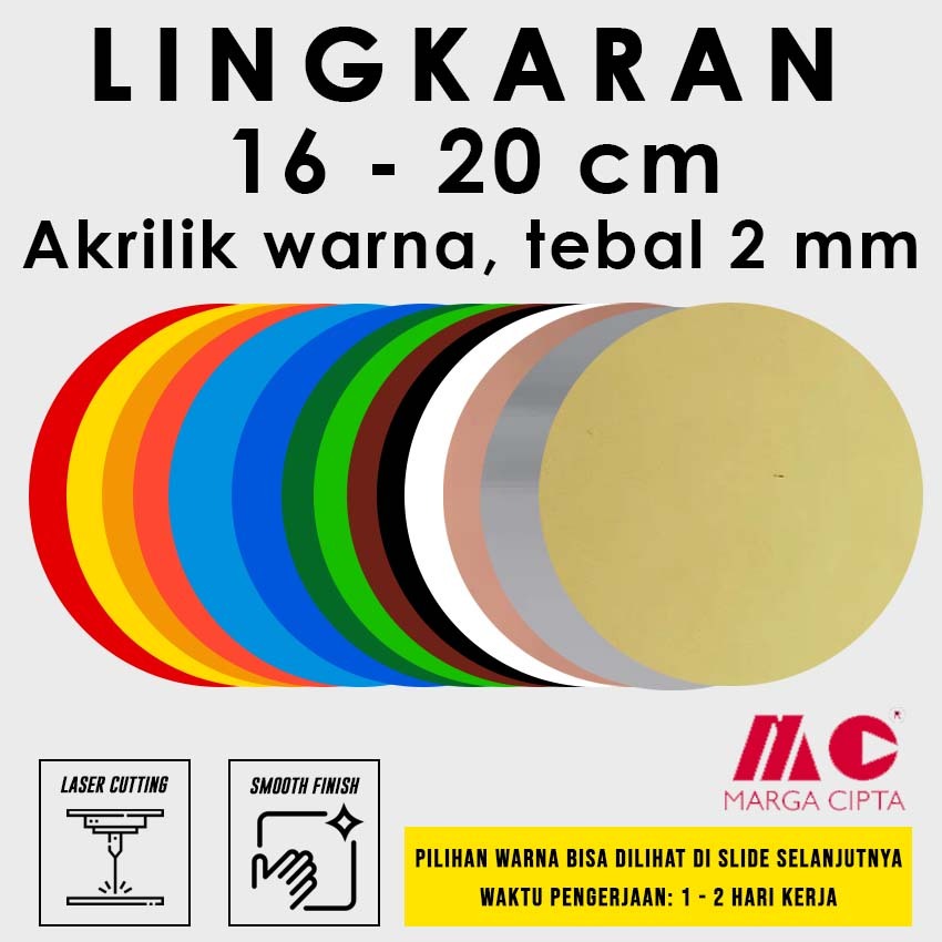 

[Tebal 2 mm] Lingkaran Akrilik 16 / 17 / 18 / 19 / 20 cm - Akrilik warna Gold / Silver / Rose Gold / Hitam / Putih / Coklat / Merah / Kuning / Orange / Biru / Hijau / Transparan - Laser Cutting Marga Cipta