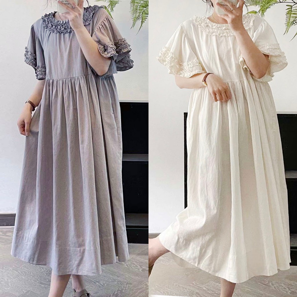 DRESS LINEN PREMIUM ABU PUTIH HIGHWAIST LENGAN RUFFLE RAMPEL KOREA IMPORT