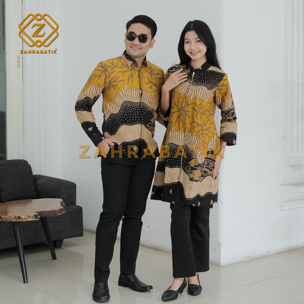 Batik Couple - Batik Tunik Wanita - Batik Pria Lengan Panjang - Motif Danarmaran Warna Kuning